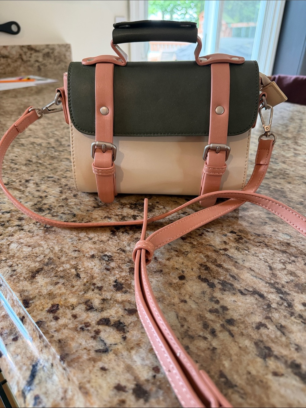 Pixie Mood Two-Tone Satchel in Pink, Cream & Dark Green